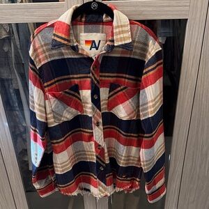 Aviator Nation Plaid Button-Up Shirt with Frayed Hem